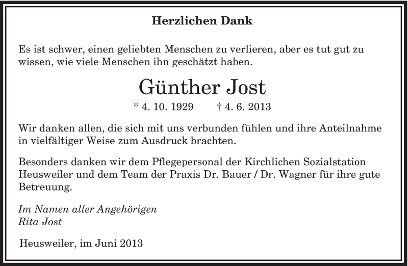  Traueranzeige für Günther Jost vom 21.06.2013 aus saarbruecker_zeitung