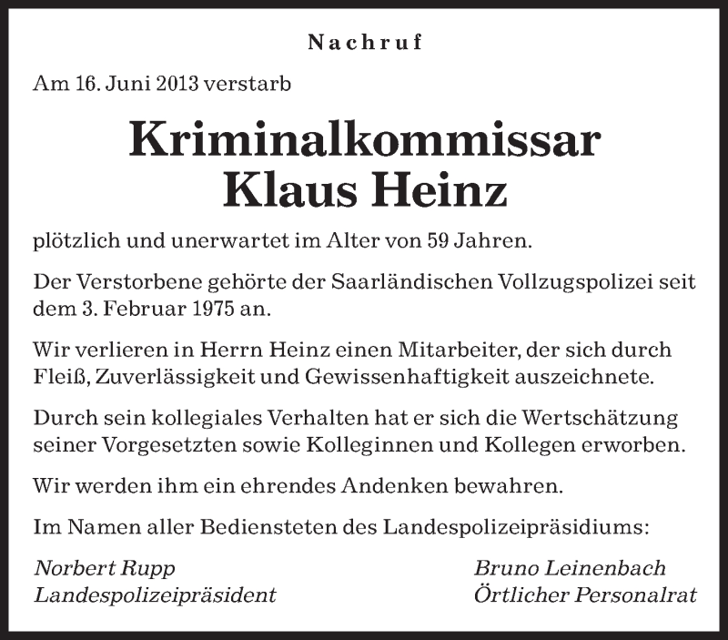  Traueranzeige für Klaus Heinz vom 20.06.2013 aus saarbruecker_zeitung