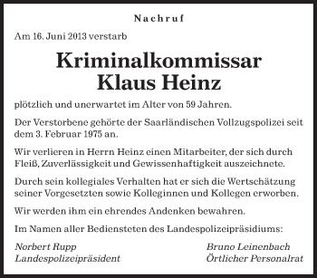 Traueranzeige von Klaus Heinz von saarbruecker_zeitung