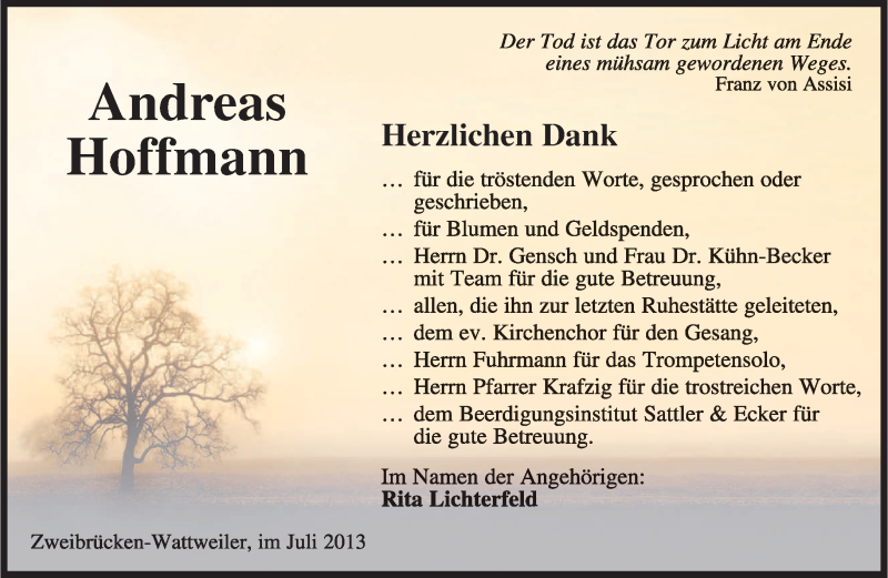  Traueranzeige für Andreas Hoffmann vom 06.07.2013 aus saarbruecker_zeitung