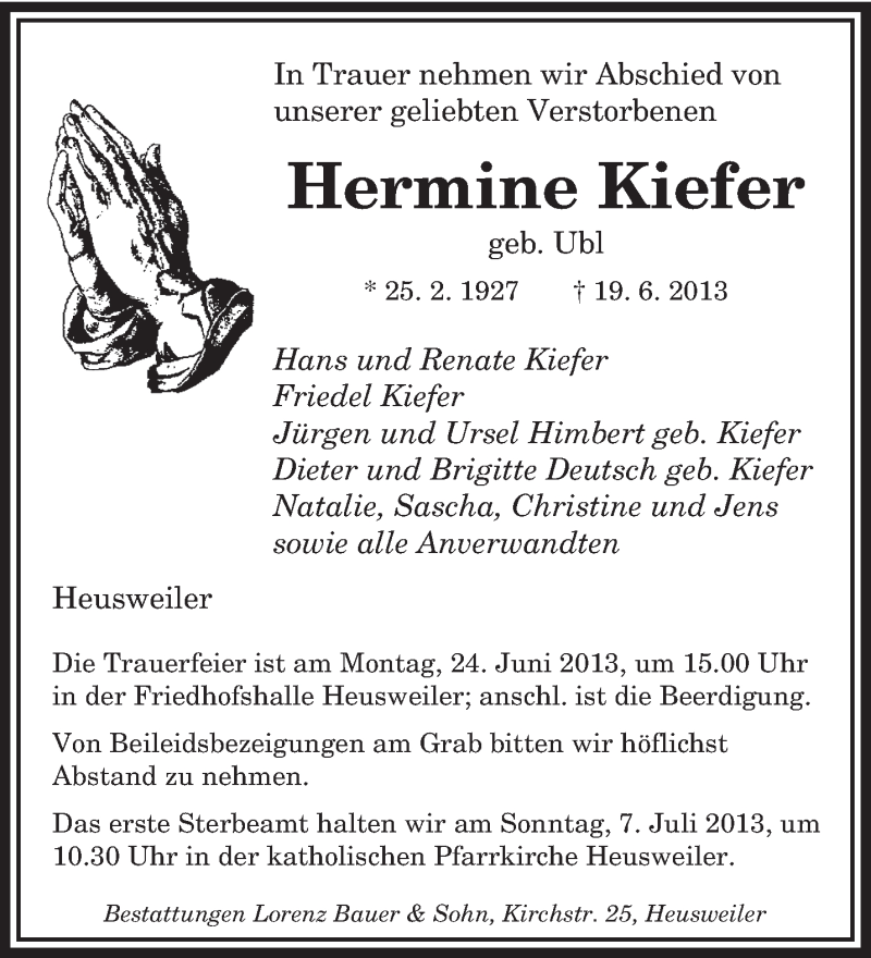  Traueranzeige für Hermine Kiefer vom 21.06.2013 aus saarbruecker_zeitung