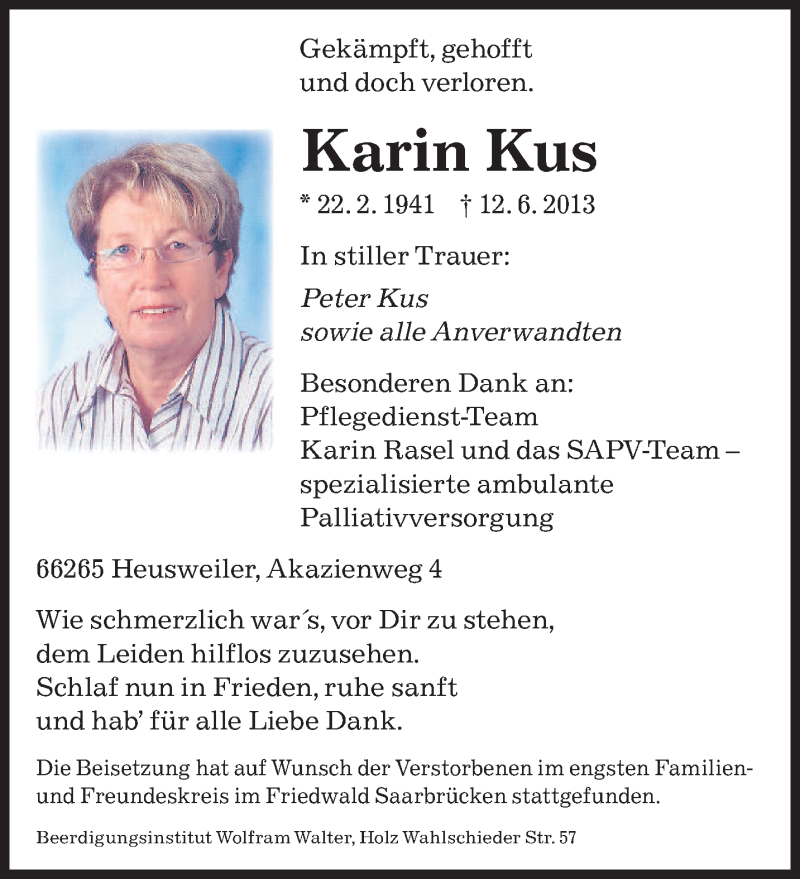  Traueranzeige für Karin Kus vom 24.06.2013 aus saarbruecker_zeitung