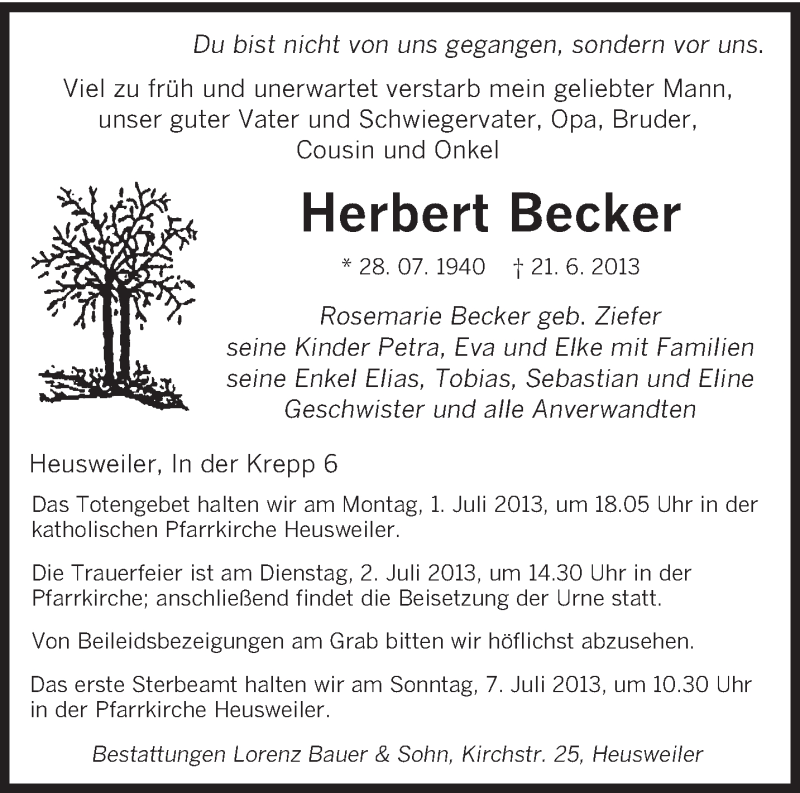 Traueranzeige für Herbert Becker vom 25.06.2013 aus saarbruecker_zeitung