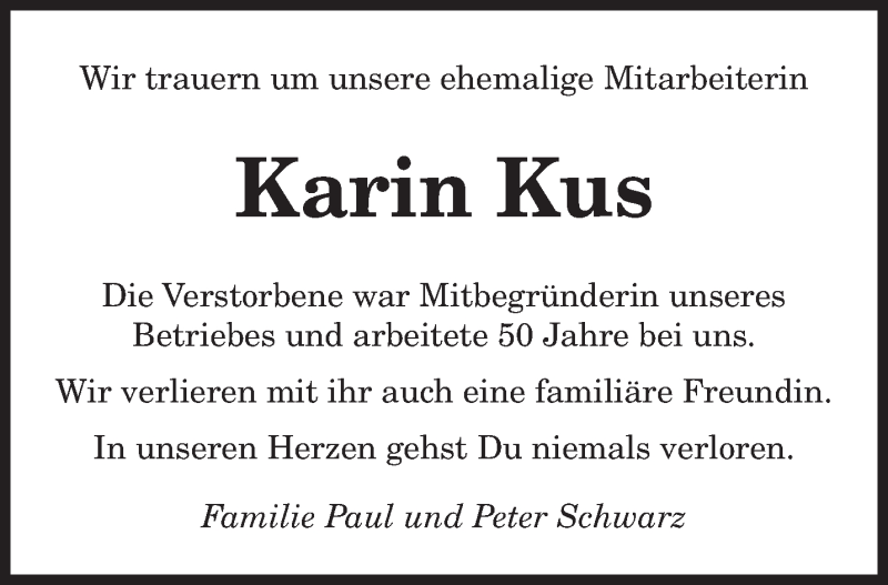  Traueranzeige für Karin Kus vom 24.06.2013 aus saarbruecker_zeitung