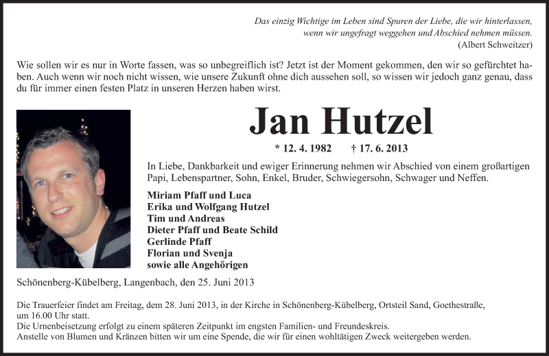  Traueranzeige für Jan Hutzel vom 25.06.2013 aus saarbruecker_zeitung