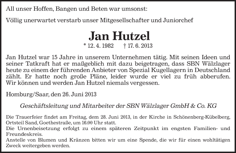  Traueranzeige für Jan Hutzel vom 26.06.2013 aus saarbruecker_zeitung