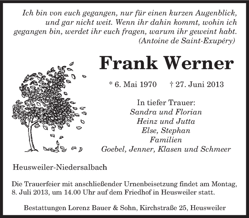  Traueranzeige für Frank Werner vom 03.07.2013 aus saarbruecker_zeitung