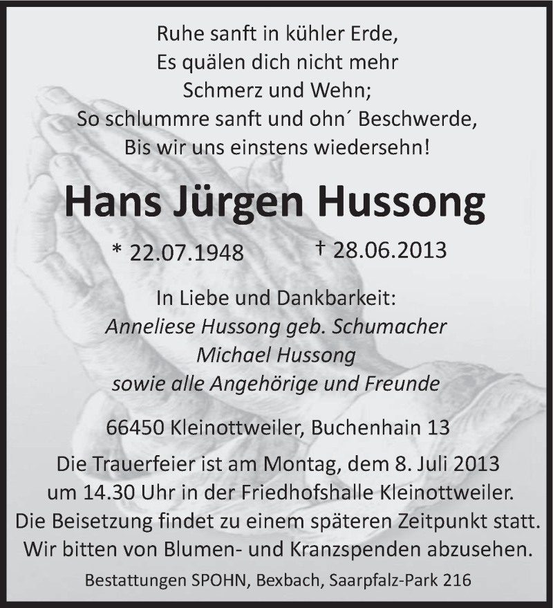  Traueranzeige für Hans Jürgen Hussong vom 03.07.2013 aus saarbruecker_zeitung
