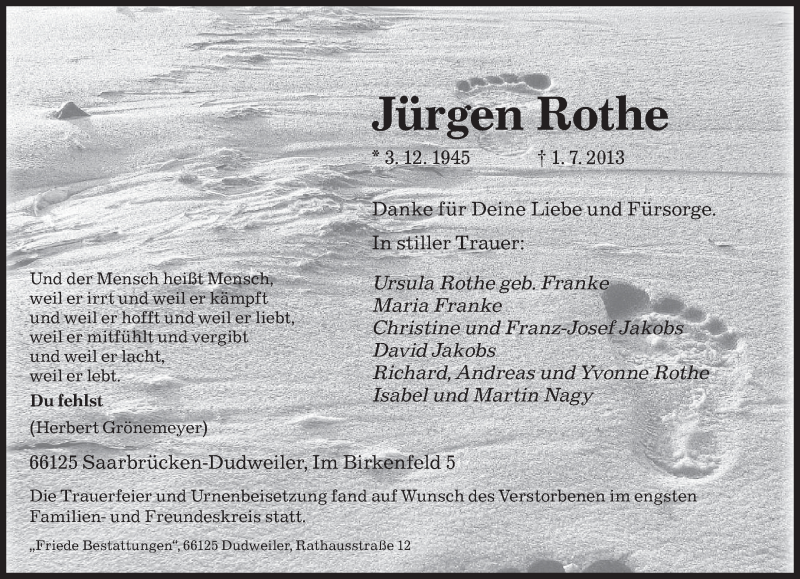  Traueranzeige für Jürgen Rothe vom 13.07.2013 aus saarbruecker_zeitung