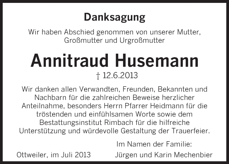  Traueranzeige für Annitraud Husemann vom 06.07.2013 aus saarbruecker_zeitung
