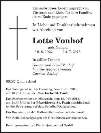 Traueranzeige von Lotte Vonhof von saarbruecker_zeitung