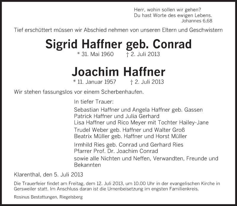  Traueranzeige für Sigrid und Joachim Haffner vom 08.07.2013 aus saarbruecker_zeitung
