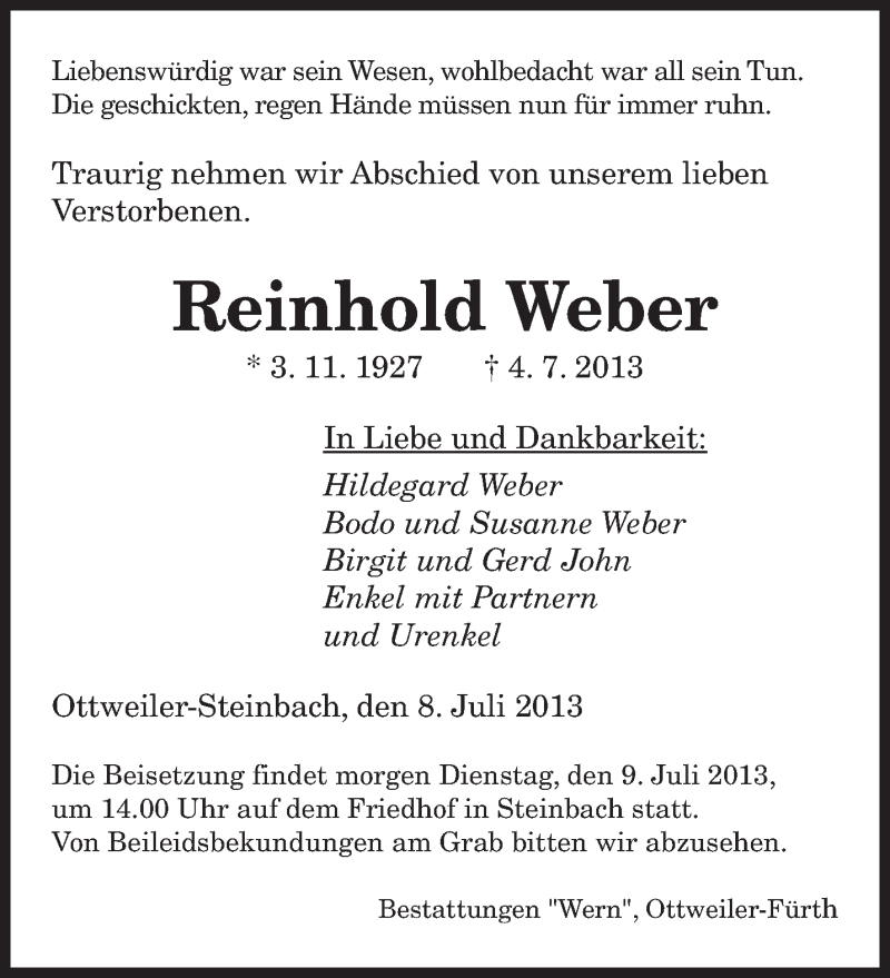  Traueranzeige für Reinhold Weber vom 08.07.2013 aus saarbruecker_zeitung