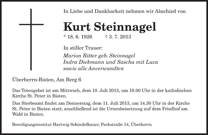  Traueranzeige für Kurt Steinnagel vom 09.07.2013 aus saarbruecker_zeitung