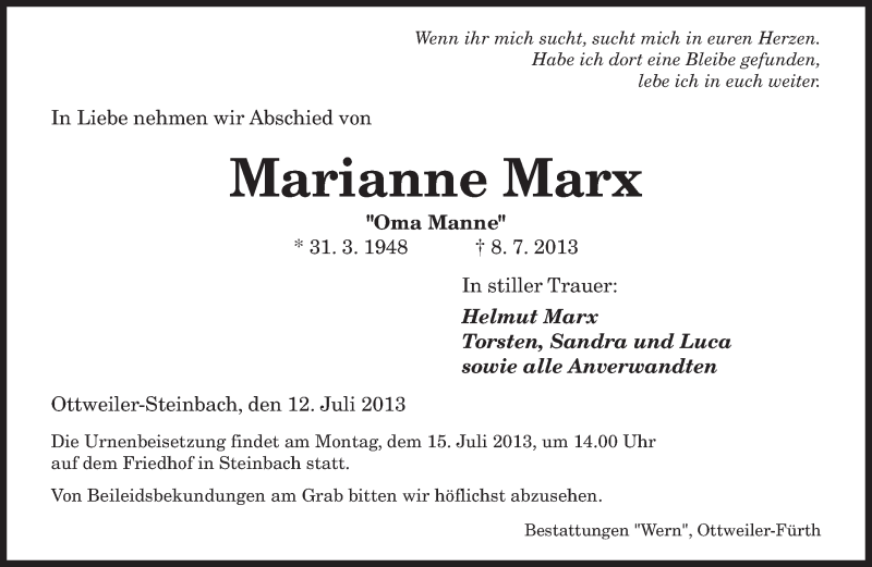 Traueranzeige für Marianne Marx vom 12.07.2013 aus saarbruecker_zeitung
