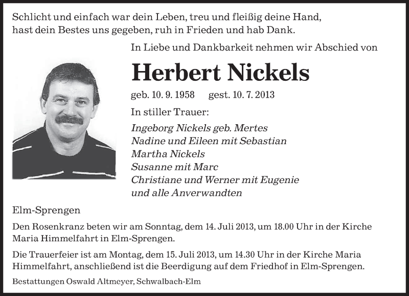  Traueranzeige für Herbert Nickels vom 13.07.2013 aus saarbruecker_zeitung