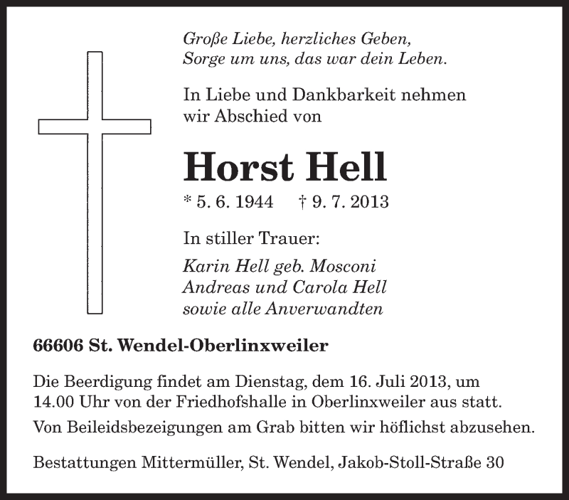  Traueranzeige für Horst Hell vom 13.07.2013 aus saarbruecker_zeitung