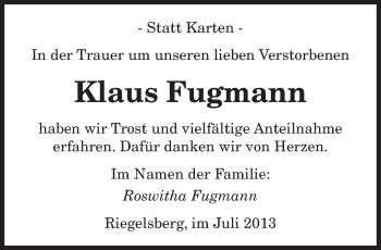 Traueranzeige von Klaus Fugmann von saarbruecker_zeitung