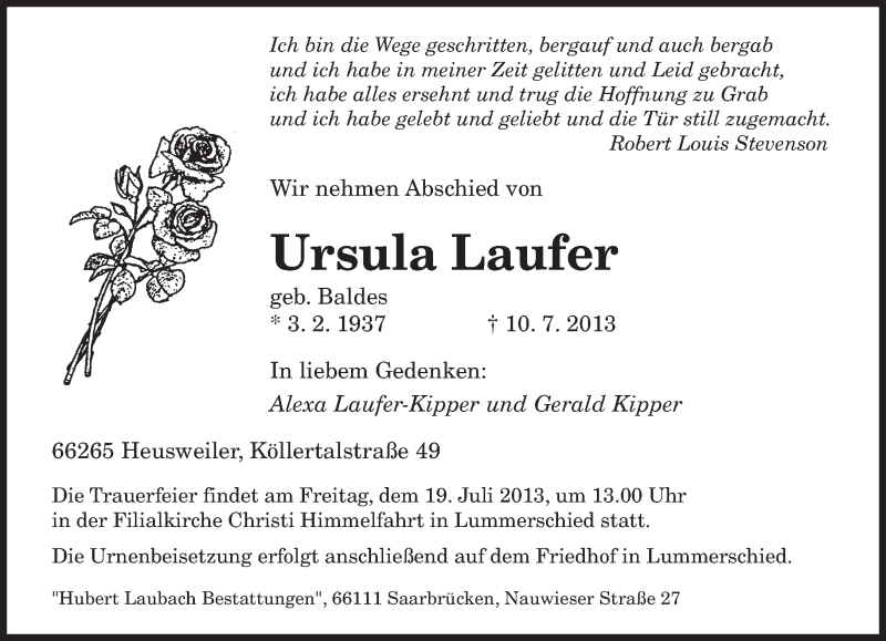  Traueranzeige für Ursula Laufer vom 15.07.2013 aus saarbruecker_zeitung