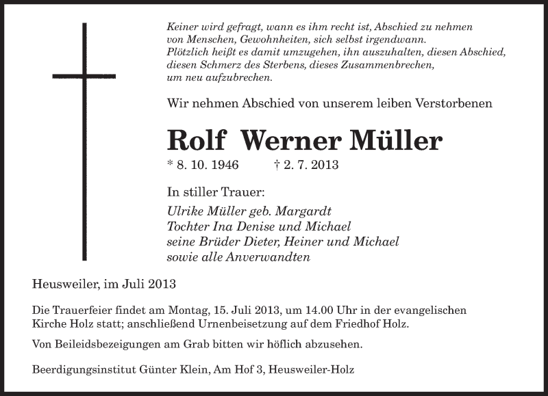  Traueranzeige für Rolf Werner Müller vom 13.07.2013 aus saarbruecker_zeitung