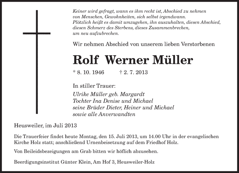  Traueranzeige für Rolf Werner Müller vom 15.07.2013 aus saarbruecker_zeitung