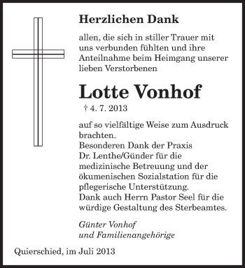 Traueranzeige von Lotte Vonhof von saarbruecker_zeitung