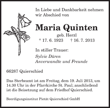 Traueranzeige von Maria Quinten von saarbruecker_zeitung