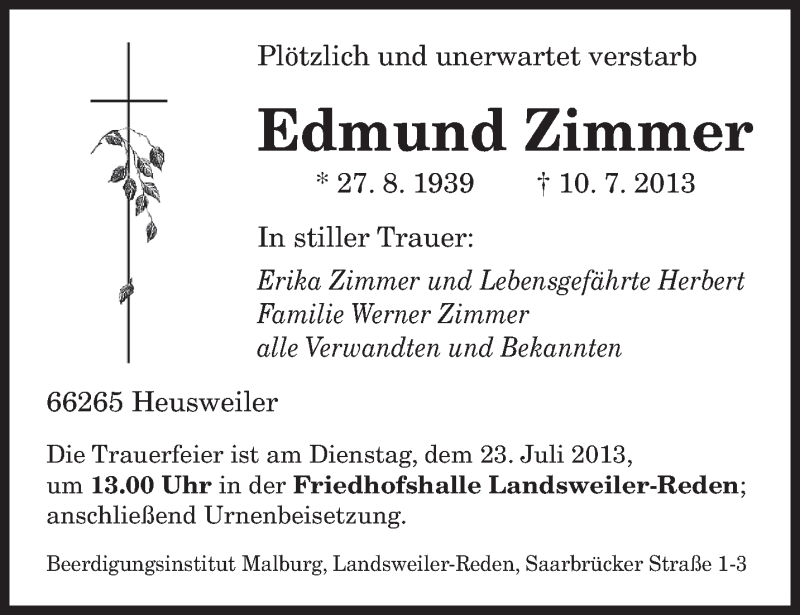  Traueranzeige für Edmund Zimmer vom 20.07.2013 aus saarbruecker_zeitung
