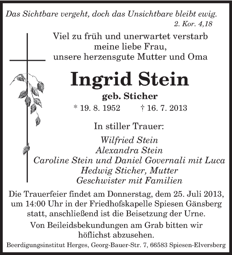  Traueranzeige für Ingrid Stein vom 22.07.2013 aus saarbruecker_zeitung