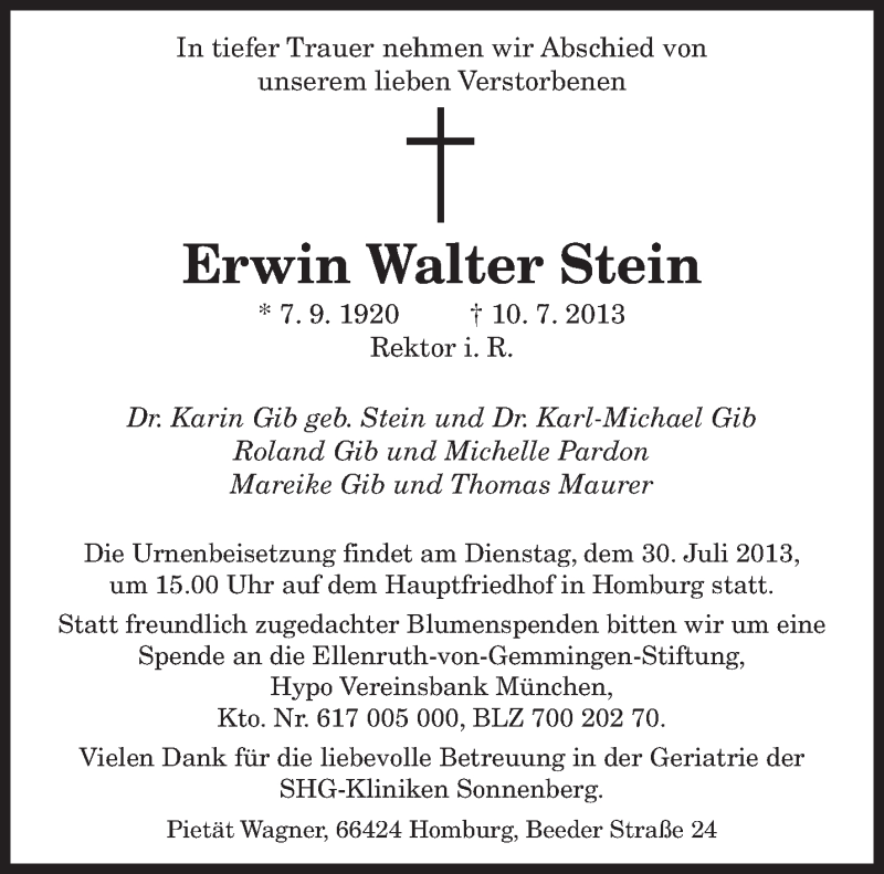  Traueranzeige für Erwin Walter Stein vom 25.07.2013 aus saarbruecker_zeitung