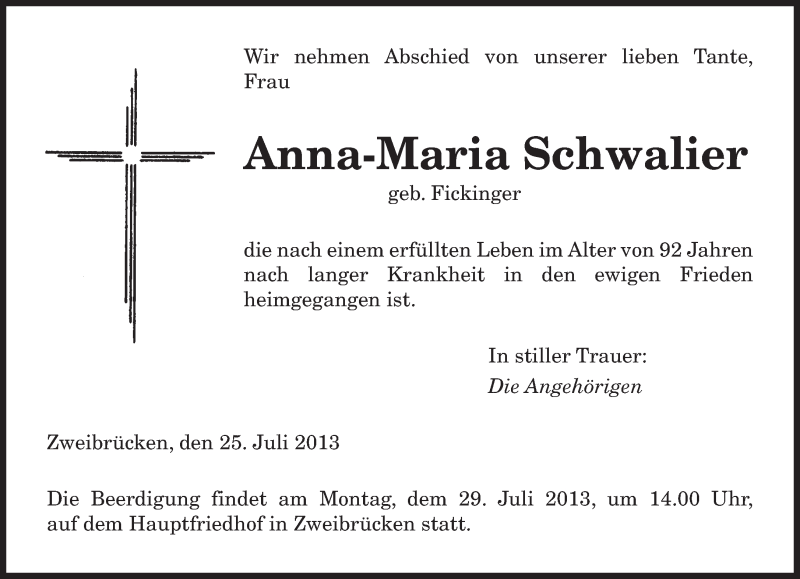  Traueranzeige für Anna-Maria Schwalier vom 25.07.2013 aus saarbruecker_zeitung