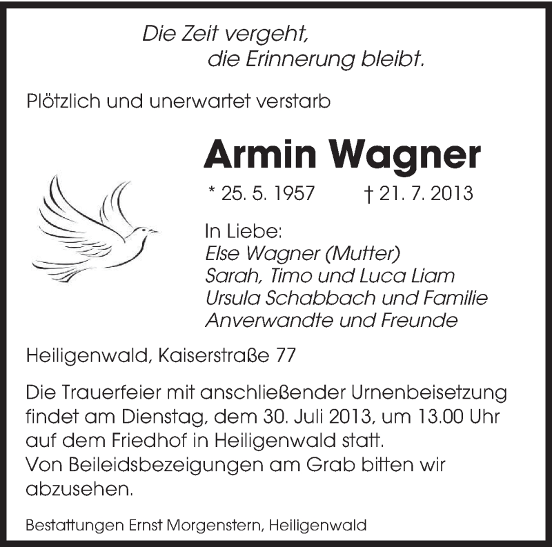  Traueranzeige für Armin Wagner vom 27.07.2013 aus saarbruecker_zeitung