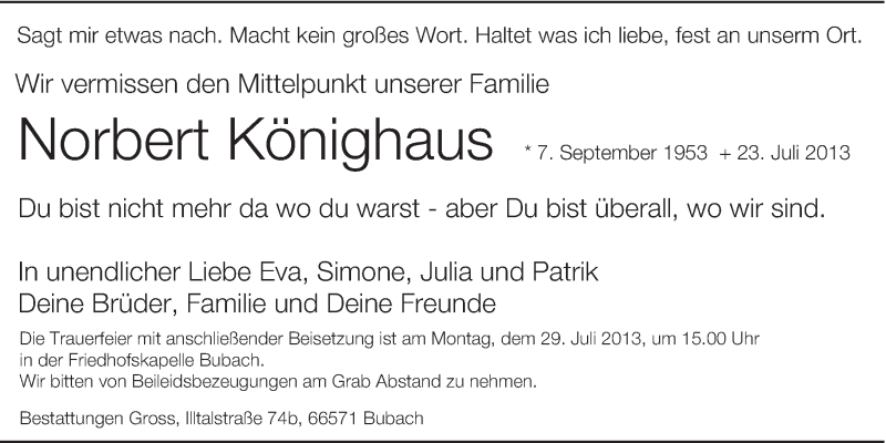  Traueranzeige für Norbert Könighaus vom 26.07.2013 aus saarbruecker_zeitung