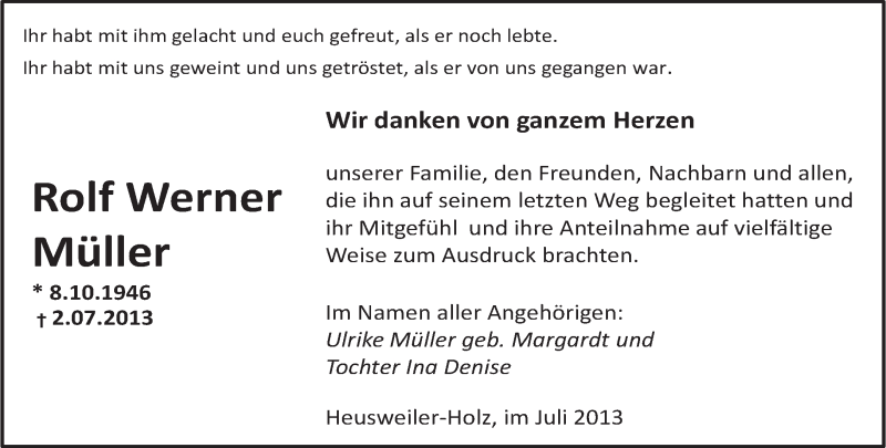  Traueranzeige für Rolf Werner Müller vom 27.07.2013 aus saarbruecker_zeitung