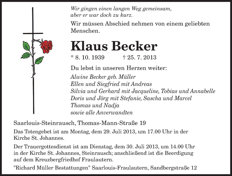  Traueranzeige für Klaus Becker vom 27.07.2013 aus saarbruecker_zeitung
