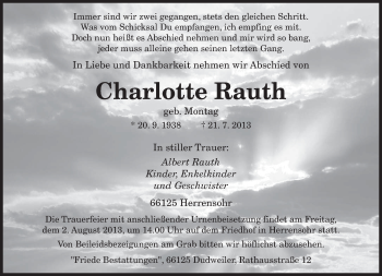 Traueranzeige von Charlotte Rauth von saarbruecker_zeitung