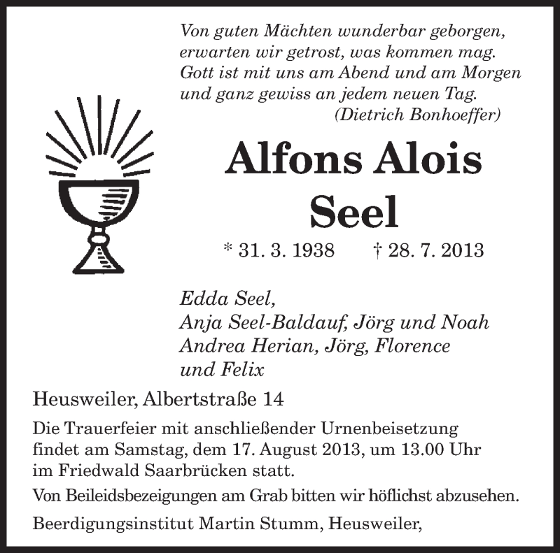  Traueranzeige für Alfons Alois Seel vom 14.08.2013 aus saarbruecker_zeitung
