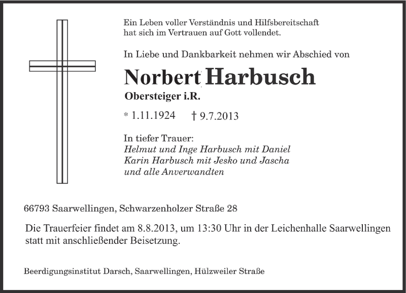  Traueranzeige für Norbert Harbusch vom 03.08.2013 aus saarbruecker_zeitung