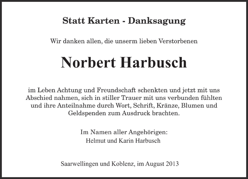  Traueranzeige für Norbert Harbusch vom 24.08.2013 aus saarbruecker_zeitung