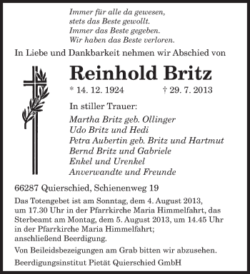 Traueranzeige von Reinhold Britz von saarbruecker_zeitung