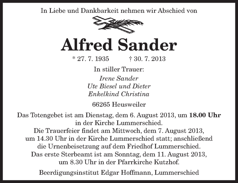  Traueranzeige für Alfred Sander vom 03.08.2013 aus saarbruecker_zeitung