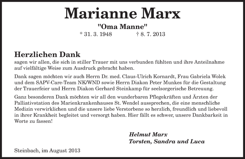  Traueranzeige für Marianne Marx vom 03.08.2013 aus saarbruecker_zeitung