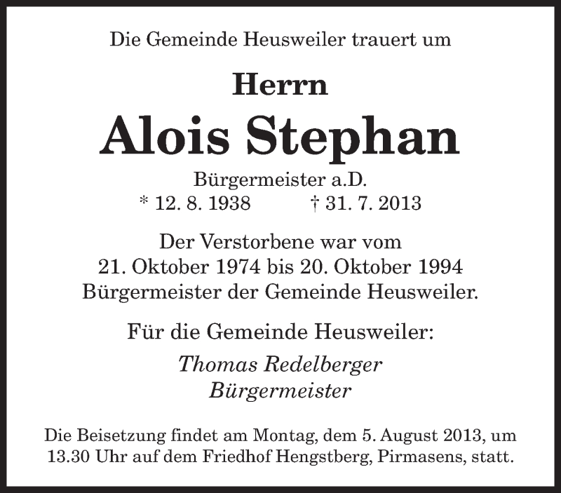  Traueranzeige für Alois Stephan vom 03.08.2013 aus saarbruecker_zeitung