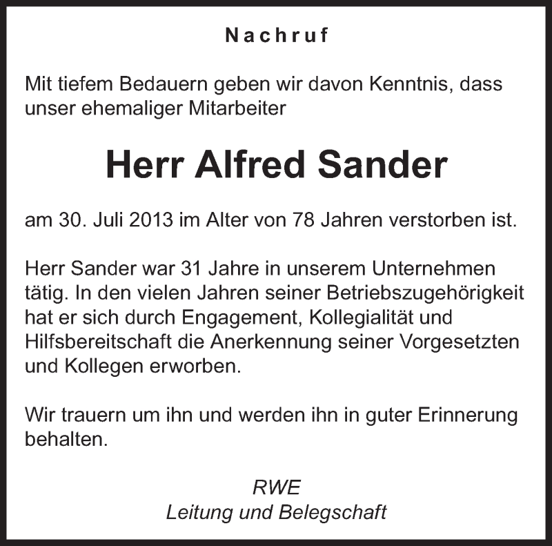  Traueranzeige für Alfred Sander vom 08.08.2013 aus saarbruecker_zeitung