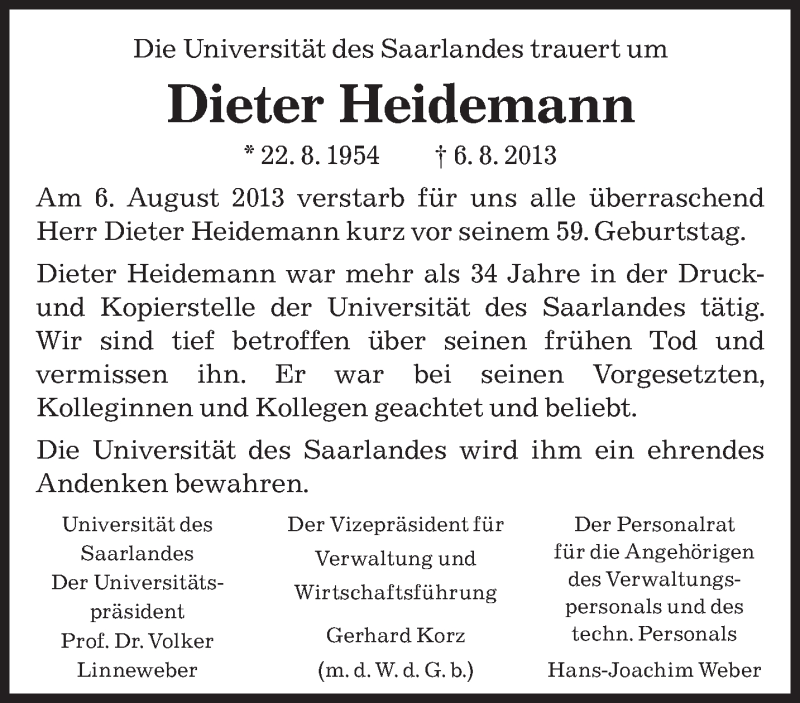  Traueranzeige für Dieter Heidemann vom 10.08.2013 aus saarbruecker_zeitung