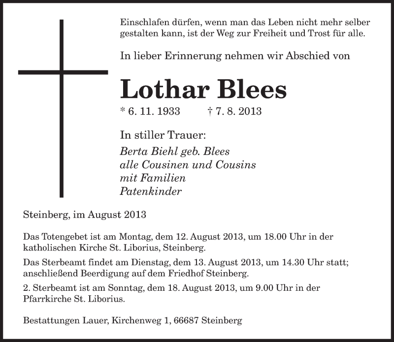  Traueranzeige für Lothar Blees vom 10.08.2013 aus saarbruecker_zeitung