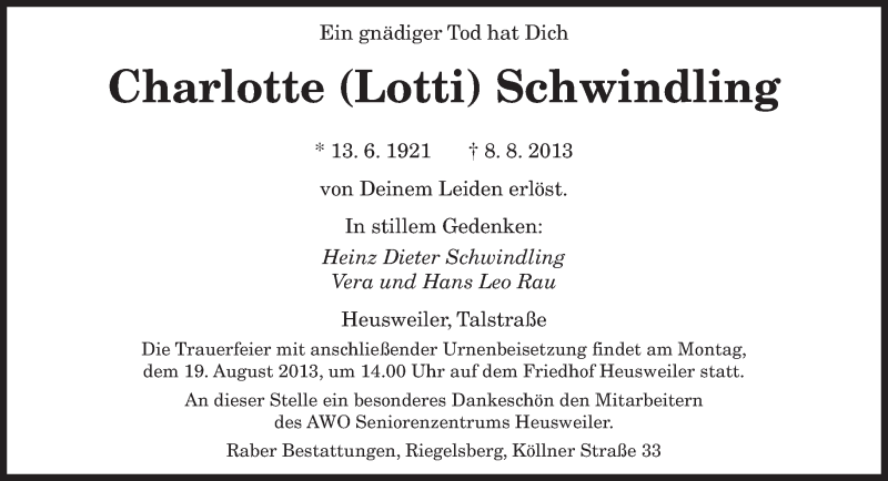  Traueranzeige für Charlotte Schwindling vom 16.08.2013 aus saarbruecker_zeitung