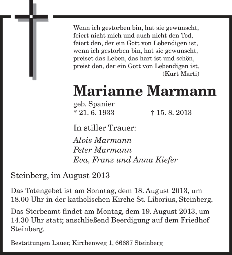  Traueranzeige für Marianne Marmann vom 17.08.2013 aus saarbruecker_zeitung