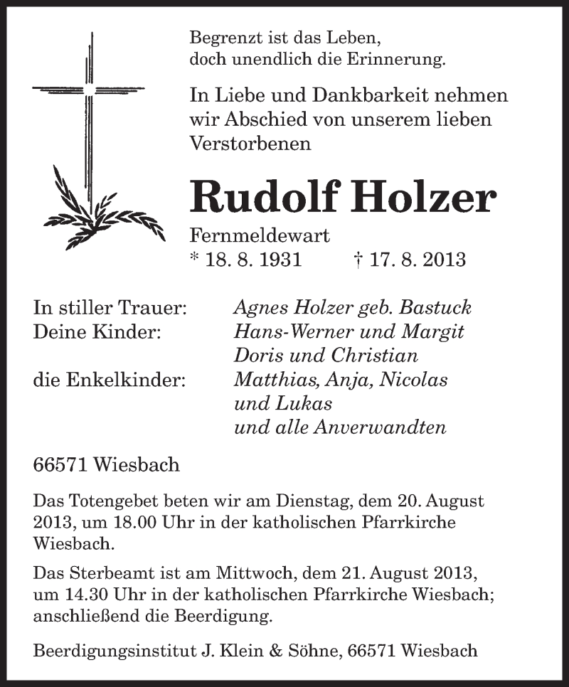  Traueranzeige für Rudolf Holzer vom 19.08.2013 aus saarbruecker_zeitung