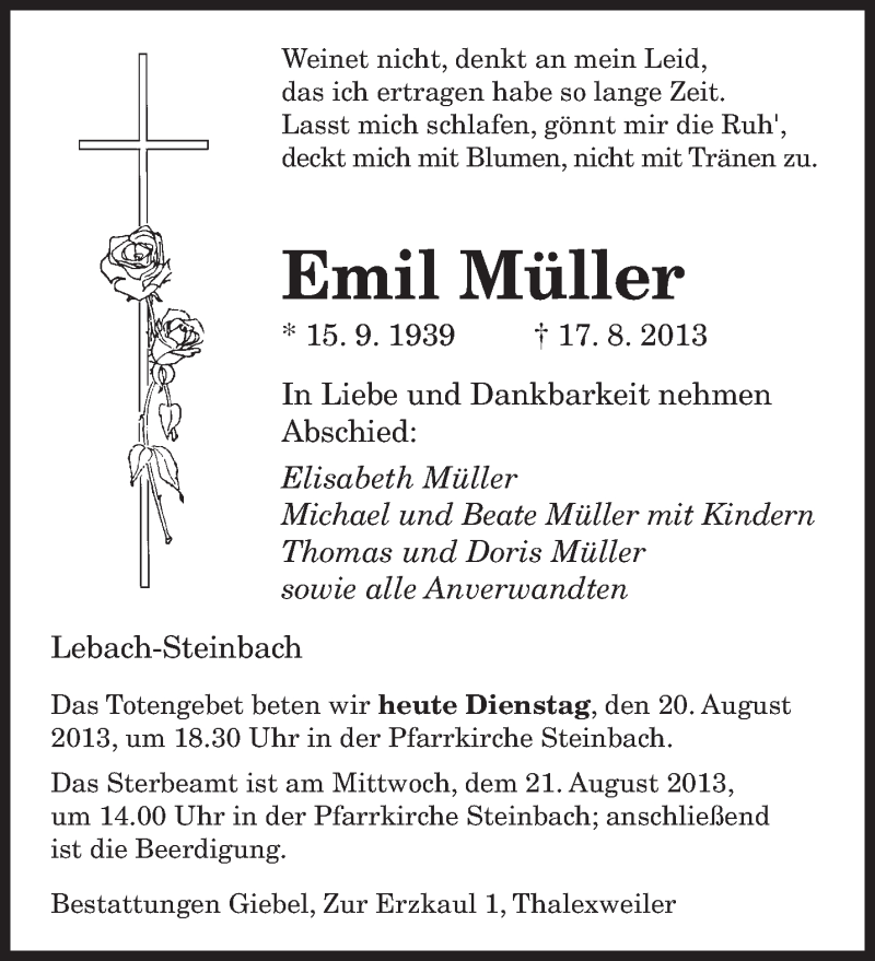  Traueranzeige für Emil Müller vom 20.08.2013 aus saarbruecker_zeitung
